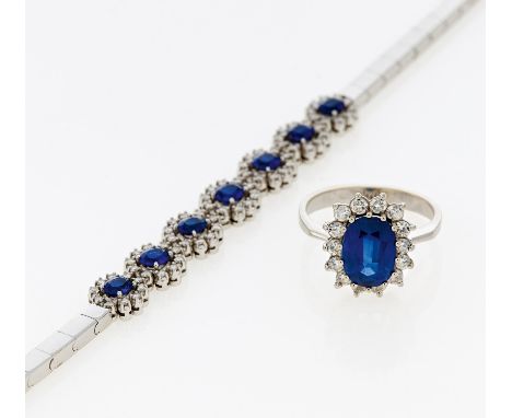 SAPPHIRE-DIAMOND-MIXED LOT. among others Italy, ca. 1970/80. 750/ white gold (bracelet), 585/- white gold (ring), total weigh