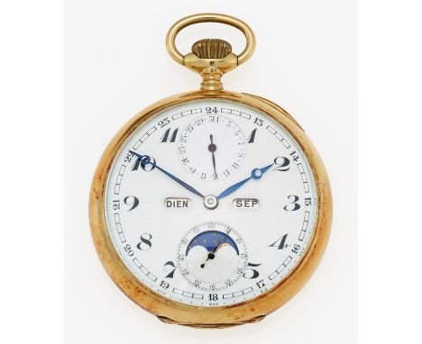 POCKET WATCH. Switzerland, ca. 1900.Handwound. 585/- Red gold, enamel dial, hands blued. total weight: 89.0g. D.ca. 5.0 cm. C