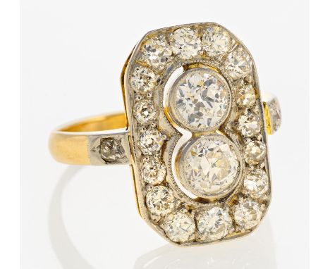 DIAMOND-RING. Presumably Germany, ca. 1920. 585/- yellow gold, white gold plated, total weight: 4.0g. EU-RM: 54. 20 old-cut d