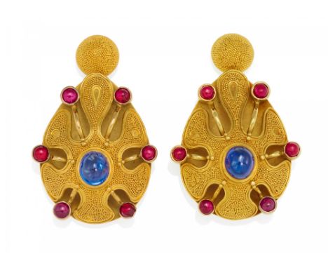 TRESKOW, ELISABETH1898 Bochum - 1992 BrühlSapphire-Ruby-Ear Pendants. Germany, ca. 1960. 750/- yellow/white gold, total weigh