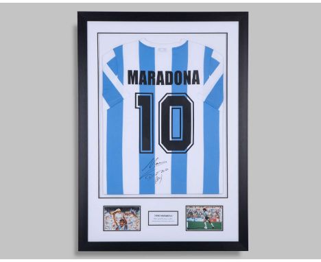 Replica Diego Maradona blue and white No.10 Argentina autographed short-sleeved shirt, with two colour photographs of Maradon