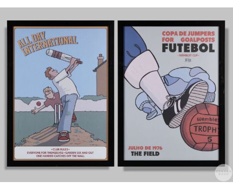 Two Pete McKee sporting prints, the first depicting the "Copa De Jumpers For Goalposts Wembley Cup", the second depicting the