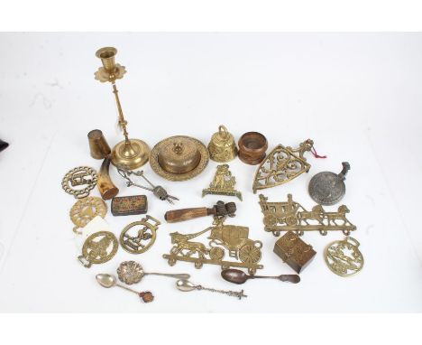 Works of art to include brass candlestick, bell, dish and cover, souvenir spoons, knife sharpener, horn flask etc. (qty)