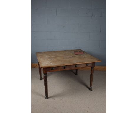 Late Victorian pine topped kitchen table, fitted two drawers and raised on tuned legs, 122cm wide, 106cm deep, 71cm high