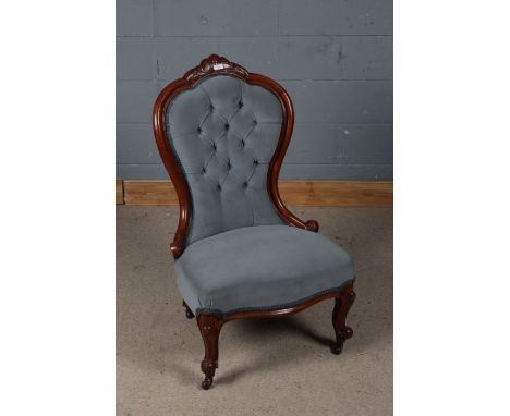 Victorian mahogany nursing chair, with blue button back upholstery, 101cm high