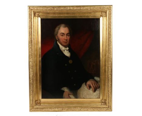 British School (19th Century) Portrait of a gentleman, gold award worn prominently on jacket, holding architectural plans, oi