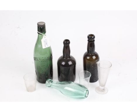 Glass bottles to include Cirencester Brewery, Andrew &amp; Atkinson Hyde, R Emmerson Jnr Newcastle on Tyne, three glass measu
