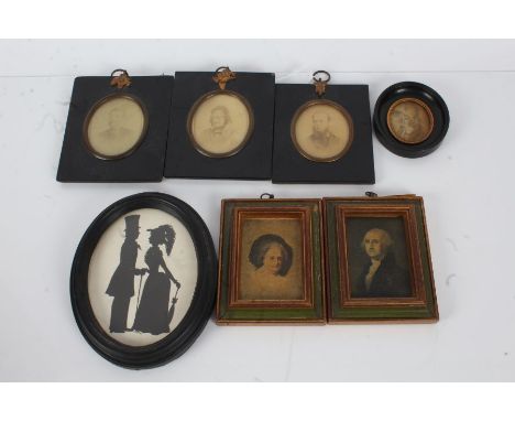 Six portrait miniatures, to include four 19th century examples, two prints and a silhouette of a couple (8)