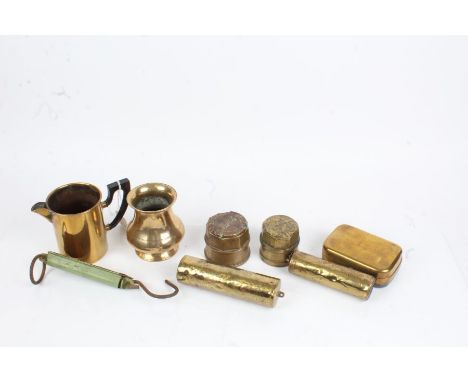 Brassware to include two coach wheel nuts, two clock weights, Salter pocket balance, travelling inkwell (8)
