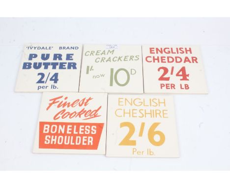 Set of five late 20th Century dairy or grocer shop ceramic tiles, inscribed English Cheddar, Cream Crackers, English Cheshire