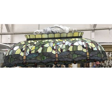 A LumiLamp Tiffany style leaded coloured glass three light pendant ceiling light with dragonfly decoration 99 cm wide x 46 cm