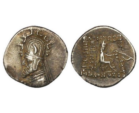 Parthia Gotarzes I, 95-90 B.C., silver drachm, obverse:- Bust right with very pointed beard, wearing helmet with ear covers, 