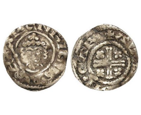 Henry II silver penny, Short Cross Issue, 5 pearls to crown, 3 crescents each side of head as hair, with collar, reads:- R EX