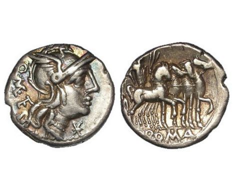 Roman Republican silver denarius of Q Caecilius Metellus of c.130 B.C., obverse:- Helmeted head of Roma, Q METE behind, monog