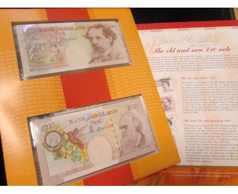 Bank of England limited edition presentation pack C157, 2000 Lowther £10 pair, last Dickens & first Darwin, serials LA80 9991