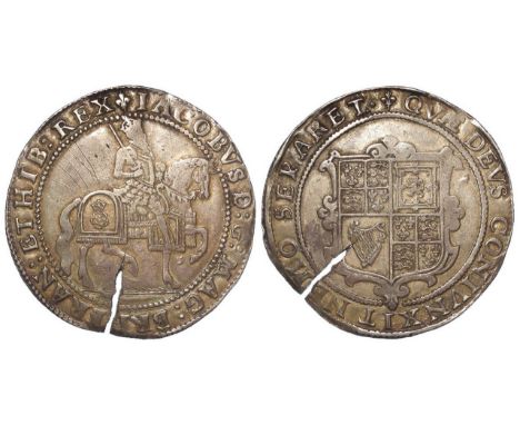 James I silver crown, Third Coinage [1619-1625], reverse reads:- QVAE DEVS, mm. Lis [1623-1624], horse walks on grass ground 