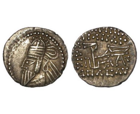 Parthia Osroes II, 190 A.D., silver drachm, obverse:- Bearded bust, left, wearing decorated helmet with ear covers, with band