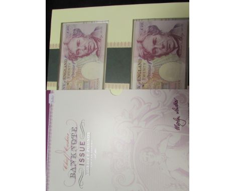 Bank of England limited edition presentation pack C144, last Kentfield £20 CL99 999916 & first Lowther £20 DA01 999916. Unc