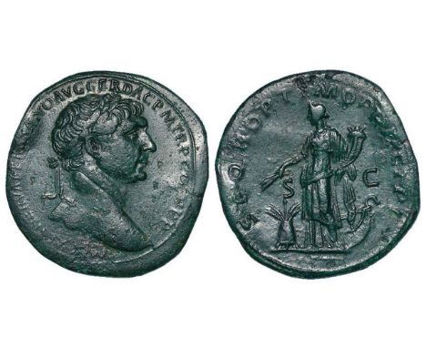 Trajan brass sestertius, Rome Mint 106 A.D., reverse reads:- S P Q R OPTIMO PRINCIPI S C, Annona standing left, holding corn-