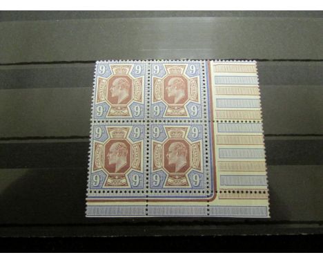 GB - EDVII attractive bottom right corner block of four 9d SG307a mounted mint, light gum bends visible from reverse, cat £24