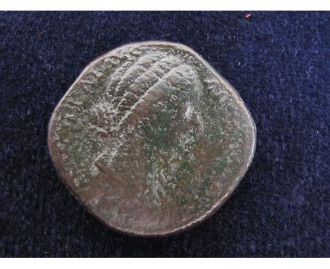 Lucilla sestertius, Rome Mint 164-166 A.D., reverse:- VESTA S C, Vesta sacrificing from simpulum over lighted altar and holdi