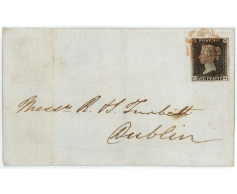 GB - Victorian 1840 Penny Black Plate 7 (C-A) on wrapper, four good to large margins, tied by smudgy Orange (Liverpool) MX, O