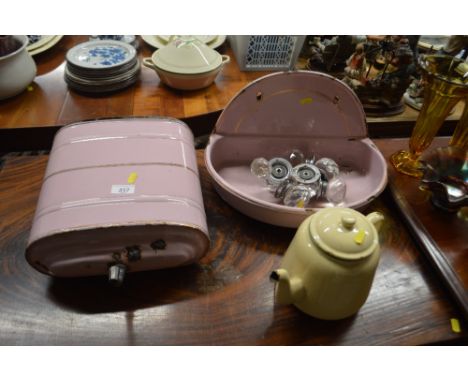 A quantity of glass door knobs, an enamel teapot and an enamel basin etc.