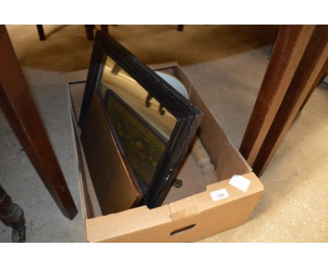 A box containing two mixing bowls, a wooden rolling pin, a mirror etc.