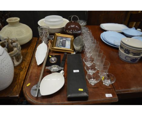 A leather cased three piece carving set; together with a quantity of various drinking glasses and kitchenalia, shooting stick