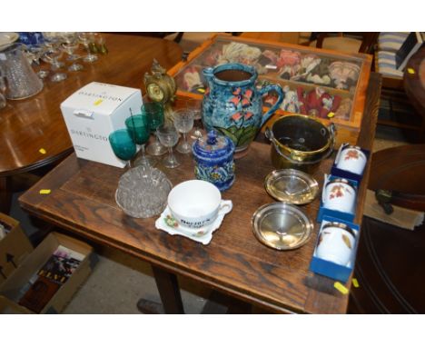 A Dartington amber glass vase; two silver plated dishes; three Victorian green glass wine glasses; a pottery jug; three Royal