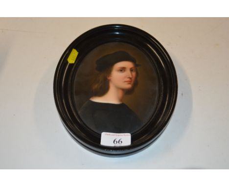 An oval porcelain portrait plaque of a lady, the back reading Angeline Dubois 1845