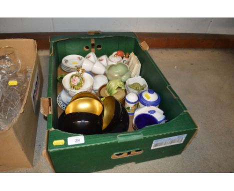 A box containing coffee cups and saucers, and various other china etc.