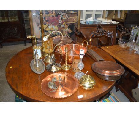 A quantity of various brass and copper to include a warming pan, preserve pan, table lamp etc.