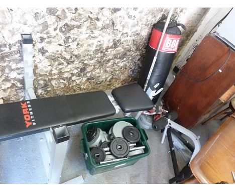 A York fitness weights bench with bar, weights and a BB bunch bag with ceiling fittings