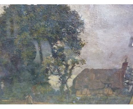 19th Century British School -  a rural landscape with cottage and trees, old men walking to the foreground, oil on canvas, 10