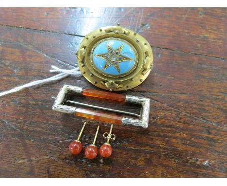 Victorian gold plated turquoise enamel and white stone set brooch, yellow coloured and pearl stick pin, yellow metal seed pea