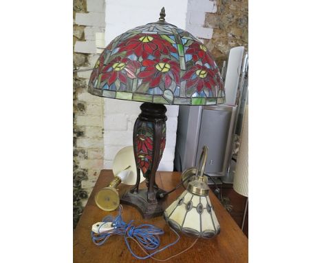 A Tiffany style table lamp, one wall lamp, a desk lamp, a crystal drop chandelier and an Italian retro Harvey Guzzini rise an