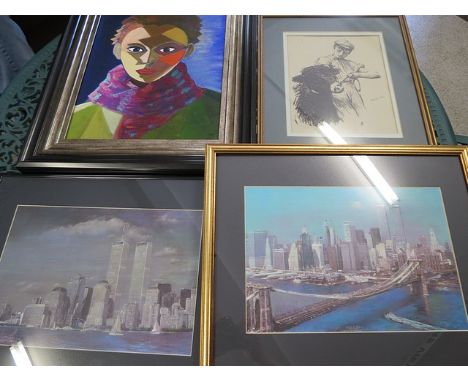 Four pictures to include a print of New York city with the Twin Towers in the background