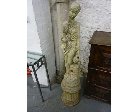 A matched pair of composition stone garden statues on pedestal bases