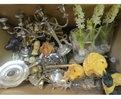Silver plated candelabras, stainless steel cutlery, a silver plated teaset, Wade figures, Sylvac model animals, Bossons anima