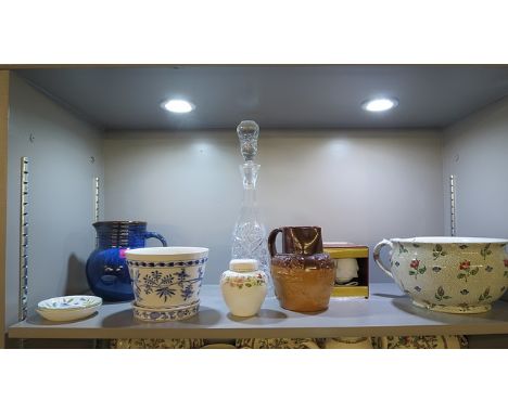 Mixed ceramics and glass to include a Meissen blue and white flower pot and stand, Denby electric blue Danesby ware jug, a gl