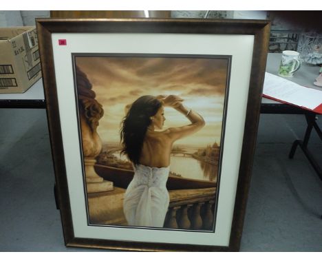 A portrait of a woman on a balcony with a river beyond, print, 32 x 23, framed