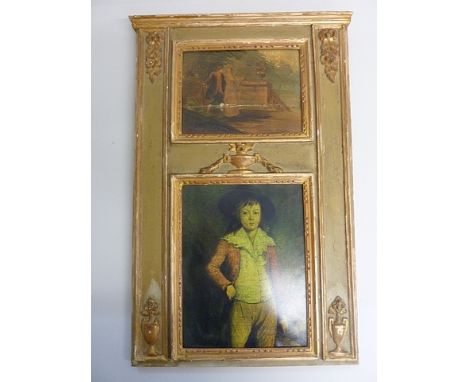 A 19th century painted and gilded mirror frame with inset oil painting to top and inset print lower end