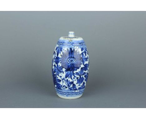 A Chinese blue and white ‘spirit’ bottle, Qing Dynasty, Kangxi period (1662–1722)  Of barrel form with a short cylindrical sp