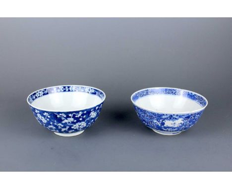 Two Chinese blue and white bowls, Qing Dynasty, late 19th century. The larger bowl is decorated with a ‘cracked ice and prunu
