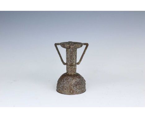 A Japanese bronze candlestick stand, early 20th century, featuring four angular handles extending from the stem to the rim of