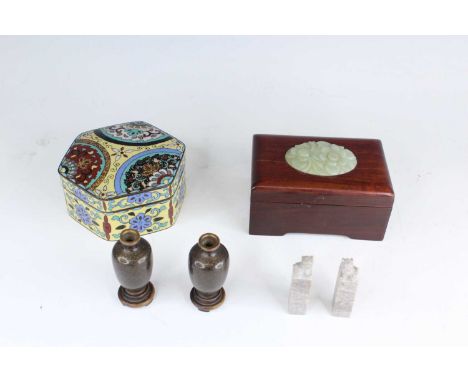 A group of Chinese or Japanese small items, comprising a cloisonné covered box (D. 13cm), a wooden covered box inset with a c