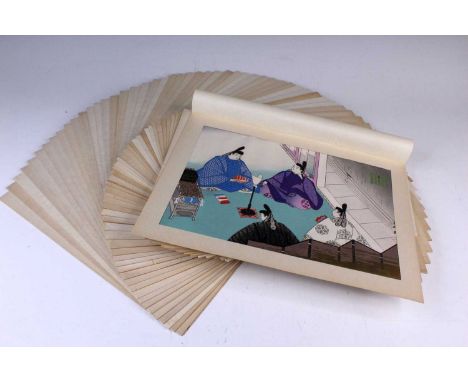A near-complete set of Japanese woodblock prints illustrating Genji Monogatari (The Tale of Genji), comprising 53 color print