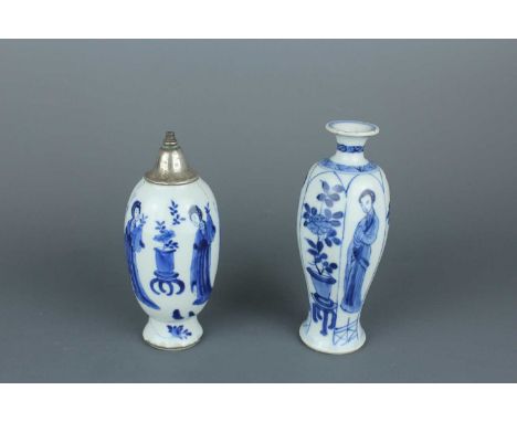 Two small Chinese blue and white ‘ladies’ bottle vases, Qing Dynasty, Kangxi period (1662–1722)  One vase, fitted with a late