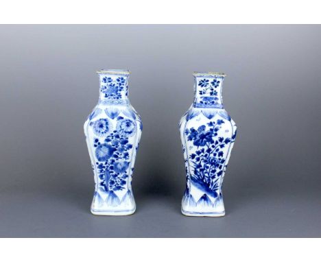 A pair of Chinese blue and white square vases, Qing Dynasty, Kangxi period (1662–1722). Each finely painted with chrysanthemu